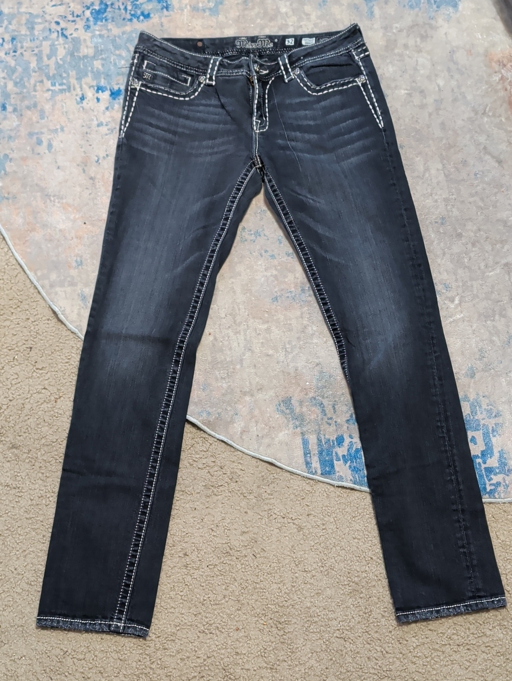 Miss Me Dark Indigo Skinny Jeans with White Stitching Women's 32